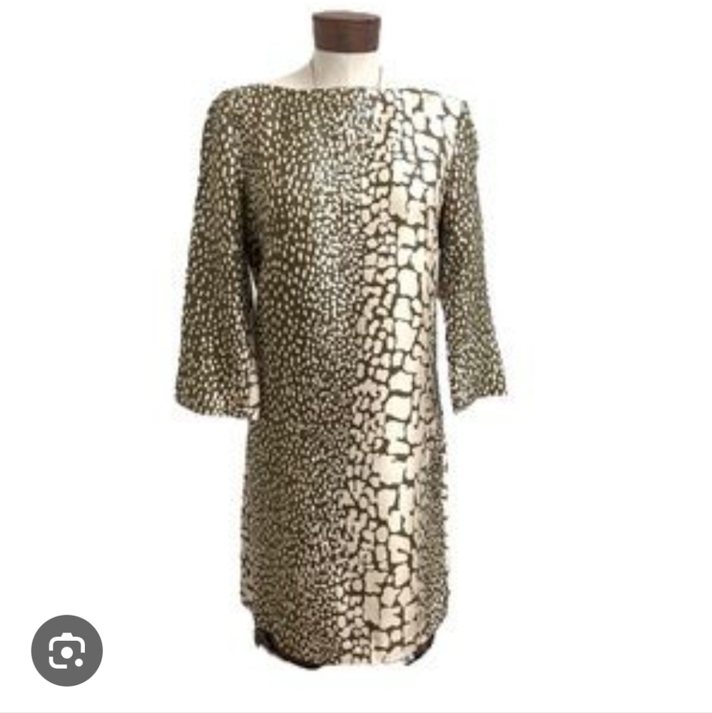 J. Crew Olive and Cream Patterned 3/4 Sleeve Shift Dress